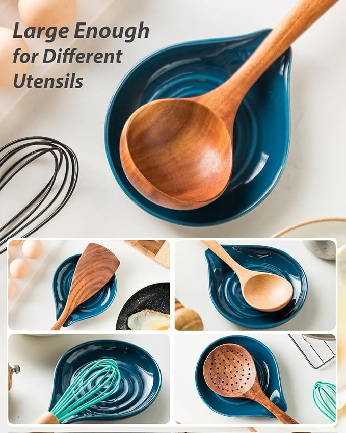 LAUCHUH Spoon Rest for Stove Top, Ceramic Spoon Holder for Kitchen Counter Large Spatula Holder for Ladles, Tongs, Farmhouse Kitchen Décor for Mother's Day, Heat-Resistant, Set of 2, 5 inch, Blue