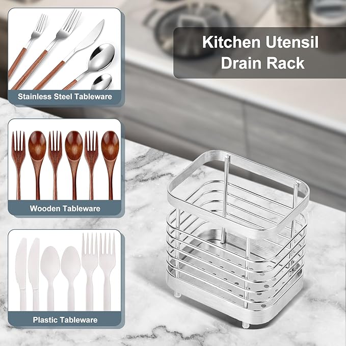 Utensil Holder, Stainless Steel Utensil Drying Rack for Kitchen Counter, Silverware Cutlery Flatware Holder Forks, Knives, Spoons, Chopsticks Organizer (Silver) - Image 8