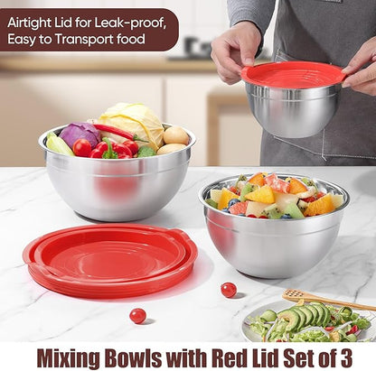 P&P CHEF Red Mixing Bowls with Lids, Set of 3, Stainless Steel Salad Nesting Bowl for Mixing, Storing, Prepping, Airtight & Stackable, Size 4.6/3 /1.5 QT - Image 5