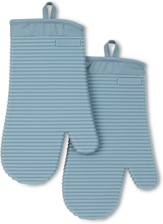 KITCHENAID Ribbed Soft Silicone Oven Mitt 2-Pack Set, 7.5"x13", Fog Blue by KitchenAid