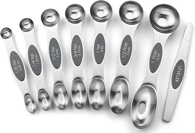 Spring Chef Stainless Steel Magnetic Measuring Spoons Set of 8 with Leveler, Dual Sided Metal Teaspoon & Tablespoon Measuring Spoons - Kitchen Gadgets For Baking and Cooking, Gray by SpringChef