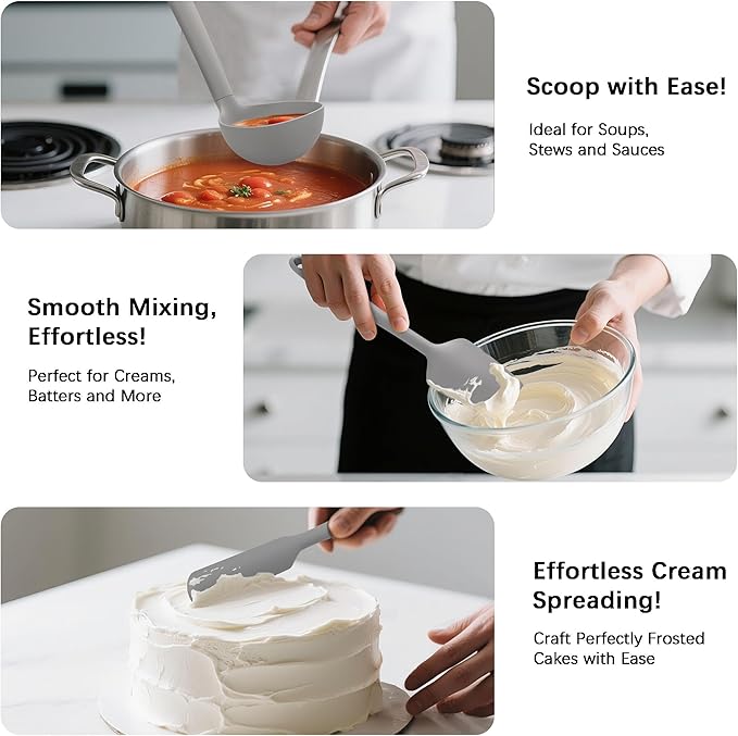 Coukre Silicone Kitchen Cooking Utensils Set with Holder – Heat-Resistant, Food-Grade Kitchen Tools, Spatula, Spoon & Gadgets for Non-Stick Pans, Dishwasher Safe (14, PureGray) - Image 4