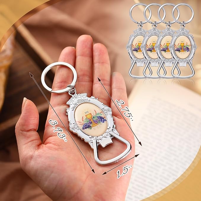 Misdary 12 Pcs First Communion Bottle Opener Keychain Catholic Bottle Opener with Organza Baptism Party Favor for Guest