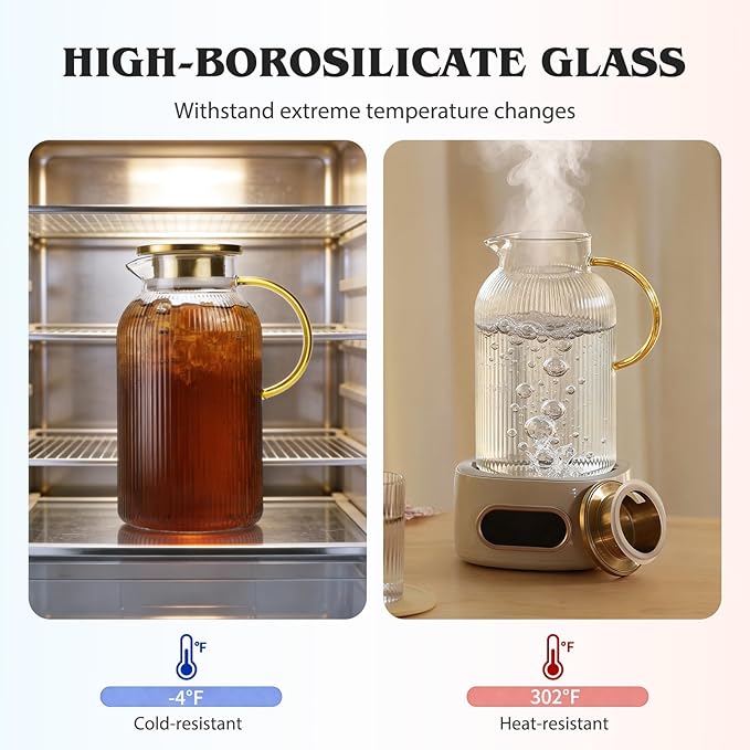 2 Pack Glass Pitcher with Handle and Lid, 68oz/ 2 Liter Classic Stripes Glass Water Pitcher with Handle for Fridge, Iced Tea, Coffee, Borosilicate Glass Carafe for Hot/Cold Brew Drink