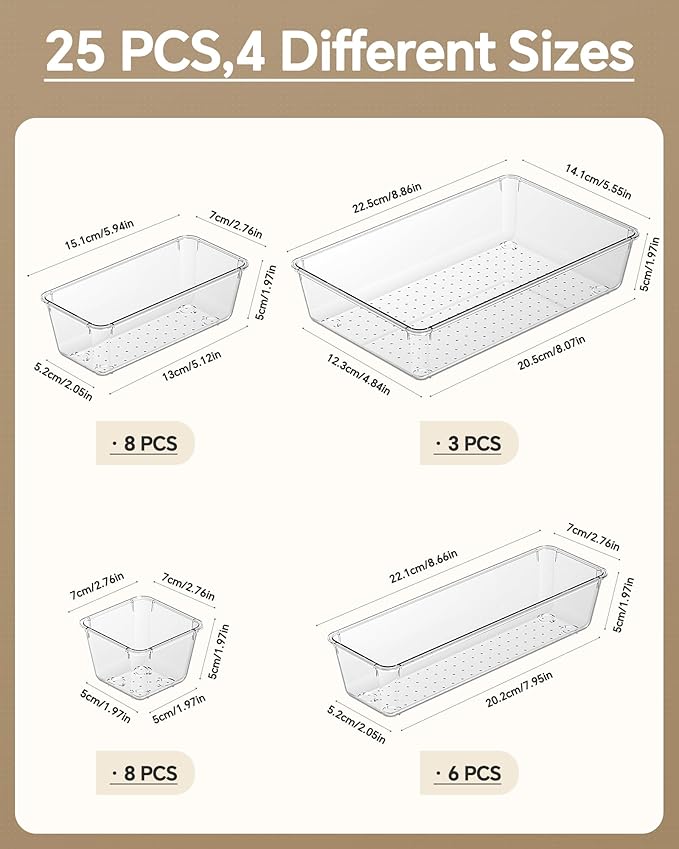KEMETHY 25 PCS Plastic Drawer Organizers Set, 4 Sizes Vanity Organizer, Makeup and Desk Drawer Organizer Trays, Organization and Storage for Makeup, Bathroom, Kitchen Utensils and Office (Clear) - Image 2