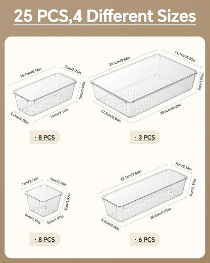 KEMETHY 25 PCS Plastic Drawer Organizers Set, 4 Sizes Vanity Organizer, Makeup and Desk Drawer Organizer Trays, Organization and Storage for Makeup, Bathroom, Kitchen Utensils and Office (Clear) - Image 2