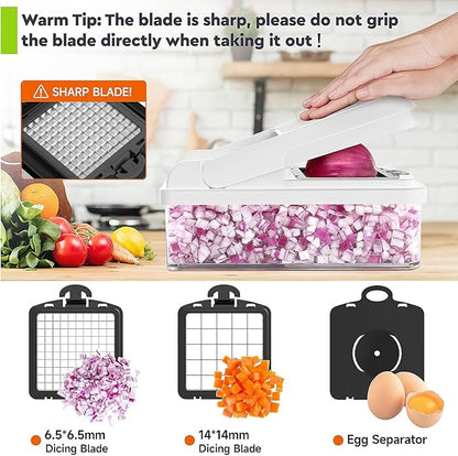 MealHelper 12-in-1 Vegetable Chopper, 7 Blade Veggie Chopper, Practical Food Chopper with Container, Cheese Grater, Home Essentials & Kitchen Gadgets(Black/White)
