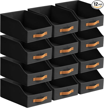 Homsorout Fabric Storage Bins for Organizing - 12 Pack Large Trapezoid Collapsible Storage Bins with Front Handle, Closet Organizers and Storage for Bedroom, Home Shelves, Small Spaces, Black by Homsorout