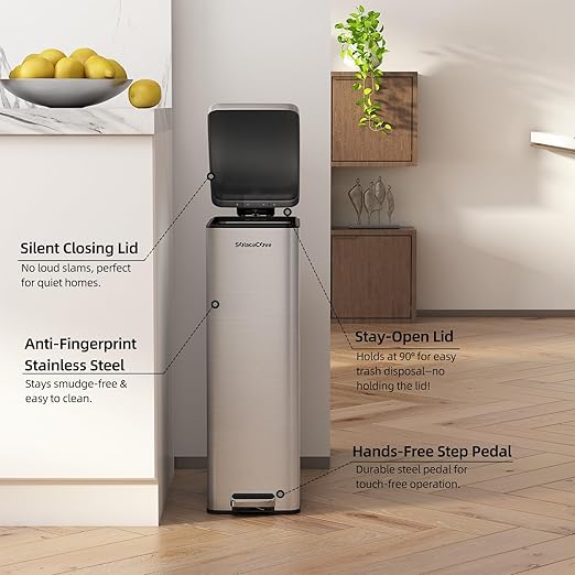8 gallon/30L Slim Stainless Steel Garbage Can with Soft Close lid for Small Spaces，Pedal Fingerprint Proof Trash Bin with Removable Inner Bucket for Kitchen - Image 4