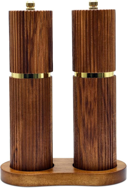8 Inch Wooden Salt and Pepper Grinder Set, Adjustable Coarseness, Acacia Wood Pepper Mill Manual, Salt and Pepper Shakers Matching Wooden Tray, Multi Purpose Grinder by Amestar