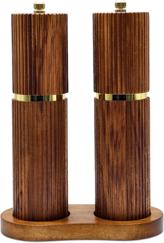 8 Inch Wooden Salt and Pepper Grinder Set, Adjustable Coarseness, Acacia Wood Pepper Mill Manual, Salt and Pepper Shakers Matching Wooden Tray, Multi Purpose Grinder by Amestar