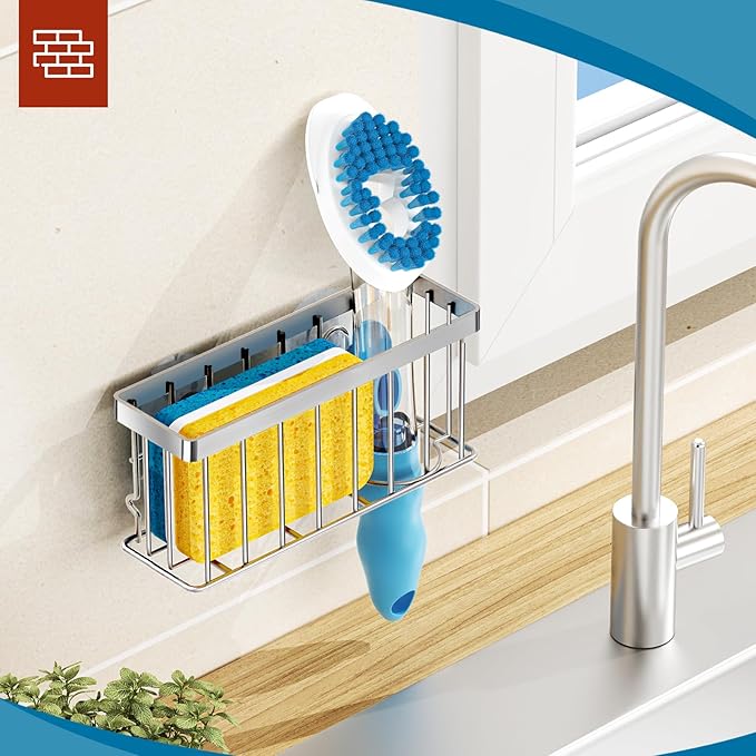 MURLONG Sponge Holder for Kitchen Sink,Sink Caddy Organizer with Suction Cups/Adhesive Strips,Dish Sponge Holder Design for Sponges,Scrubber,Stoppers-Silver - Image 6