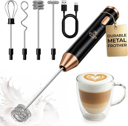 Zulay Kitchen Metal Rechargeable Milk Frother, 3 Whisk Attachments Handheld Frother Wand, 1800mAh USB-C Charging, Electric Drink Mixer for Protein, Matcha & Powders - One Charge Lasts up to 6 Months by ZulayKitchen