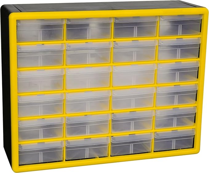 Akro-Mils 24-Drawer Plastic Drawer Storage Cabinet for Garage Organization, Bead Organizer, Building Bricks Storage, Teacher Toolbox, Makeup Organizer, 20" W x 6" D x 16" H, 10124 Yellow by Akro-Mils