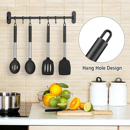 Pack of 4 Large Silicone Cooking Spatulas and Spoons, Slotted and Solid Stainless Steel Cooking Utensils Set, Non-stick Heat Resistant Kitchen for Baking, Fried, Stir-Fry, Mixing, Serving (Black) - Image 6
