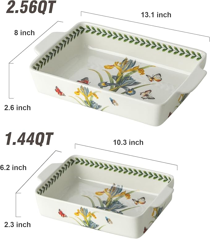 Ceramic Iris Baking Casserole Dish with Handles, Large 2 pieces 8x13 inch & 6x10 inch Lasagna Baking Dish and Middle Flower Andplant Baking Pan,Porcelain Serving Bakeware Set - Image 2