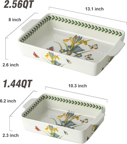 Ceramic Iris Baking Casserole Dish with Handles, Large 2 pieces 8x13 inch & 6x10 inch Lasagna Baking Dish and Middle Flower Andplant Baking Pan,Porcelain Serving Bakeware Set - Image 2