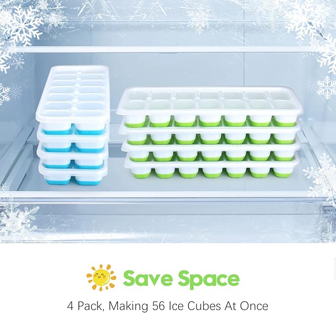 Silicone Ice Cube Tray, 8 Pack Easy-Release & Flexible 14-Ice Cube Trays with Spill-Resistant Removable Lid, Stackable Ice Trays with Covers for Freezer, Cocktail (4 Blue + 4 Green) - Image 5