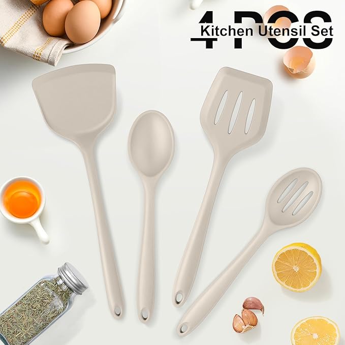 P&P CHEF Kitchen Utensil Set, 4 Pieces Non-stick Silicone Cooking Utensils, Heat-resistant Slotted Solid Spoon Turner for Frying, Mixing, Serving, Non-toxic & Easy to Clean, Khaki - Image 6