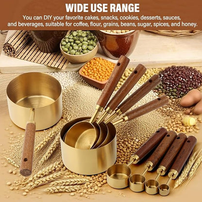 8Pcs Gold Measuring Cups and Spoons Set, Golden Stainless Steel Measuring Cups with Wooden Handle and 4 Measuring Spoons Set for Kitchen Baking Cooking - Image 5