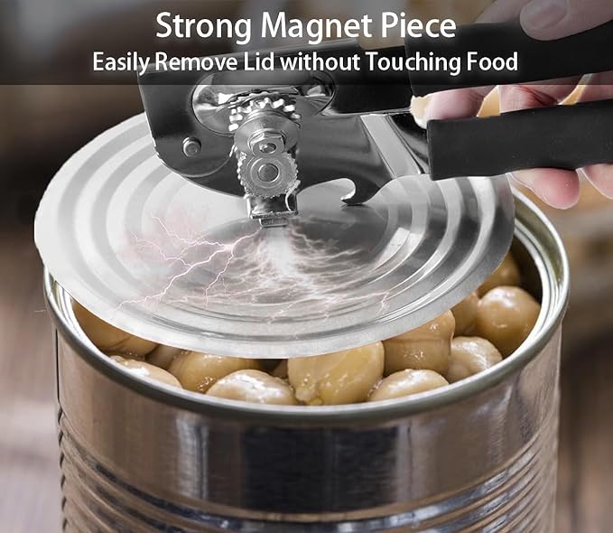 Can Opener Manual for Seniors Heavy Duty, Commercial Cans & Bottles Opener for Big Cans, Easy and Safety Can Opener for Kitchen and Camping, Built-In Magnet Lid Lifter, Black
