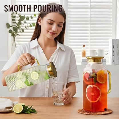 2 Pack 2 Liter/68 oz Square Glass Pitcher with Lid, Classic Stripes Water Pitchers with Handle for Fridge, Large Jug for Iced Tea, Coffee, Borosilicate Glass Carafe for Hot/Cold Brew Drink, Gold - Image 6