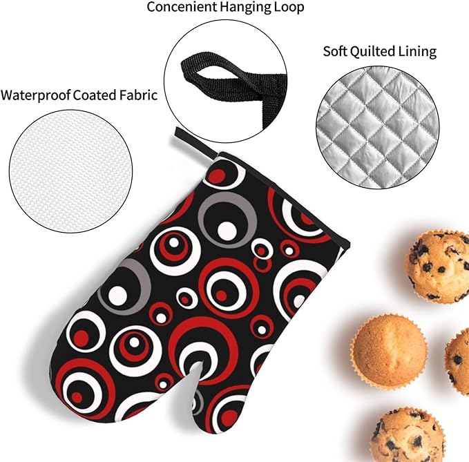 Retro Red Circles Oven Mitt and Pot Holder Set (3-Piece) - Heat Resistant Non-Slip Modern Geometric Gloves Gift for Chef Cooking Baking Grilling BBQ Lovers, Stylish Kitchen Decor, Red White Black Grey - Image 6
