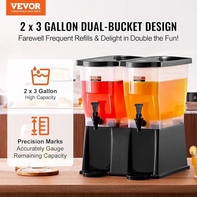 VEVOR Beverage Dispenser, 3 Gallon x 2 Drink Dispensers for Parties, Plastic Juice Dispenser with Stand Spigot Lid, Iced Tea Lemonade Juice Water Dispenser, for Restaurants, Hotels, Parties - Image 2