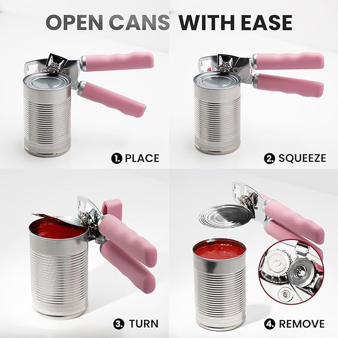 Zulay Kitchen Heavy Duty Stainless Steel Can Opener Manual with Bottle Opener - Rust Proof Manual Can Opener With Turn Knob & Comfy Soft Grip Handles - Pink - Image 6