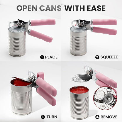 Zulay Kitchen Heavy Duty Stainless Steel Can Opener Manual with Bottle Opener - Rust Proof Manual Can Opener With Turn Knob & Comfy Soft Grip Handles - Pink - Image 6