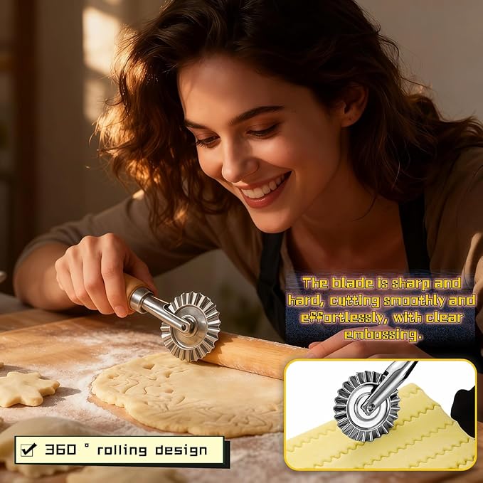 Pastry Wheel Cutter, 2 Inch Ravioli Cutter with Fluted Edge, Stainless Steel & Wood Handle for Pie Crust, Pasta, Dough, Empanadas - Professional Baking Tools, Easy Clean & Comfort Grip - Image 3