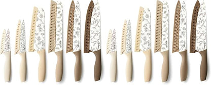 CAROTE 12PCS Knife Set, Kitchen Knife Set with 6 Blade Guards, Stainless Steel Knives Set With Nonstick Ceramic Coating, Rustproof, Delicate Floral Designs, White (Pack of 2) by CAROTE
