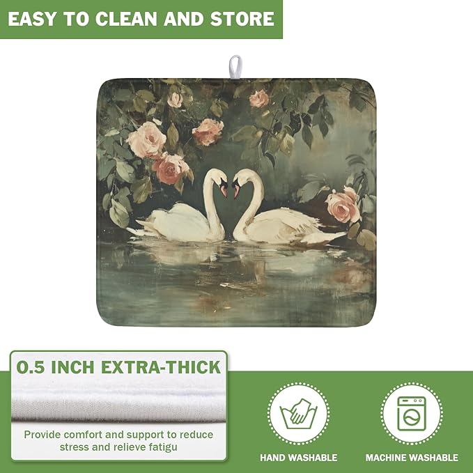 Swans Dish Drying Mat 18x16 Inch, White Swan Drying Mat with Absorbent Reversible Microfiber, Wildlife Aesthetic Dish Drainer Mats Summer Rack Pad for Coffee Countertop Kitchen Protector