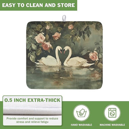 Swans Dish Drying Mat 18x16 Inch, White Swan Drying Mat with Absorbent Reversible Microfiber, Wildlife Aesthetic Dish Drainer Mats Summer Rack Pad for Coffee Countertop Kitchen Protector
