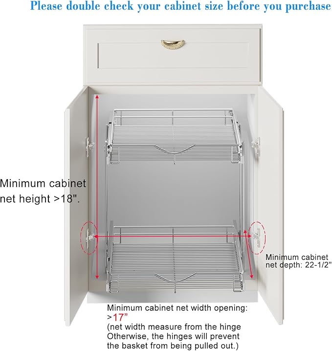 DINDON 2 Tier Pull Out Cabinet Organizer (17" W X 21" D), Double Tier Wire Basket Slide Out Shelf Storage for Kitchen Base Cabinet, Chrome Finish - Image 4