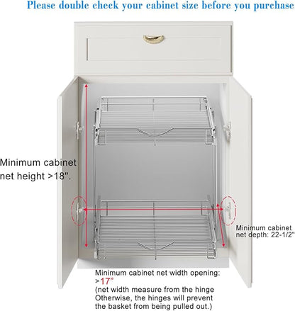 DINDON 2 Tier Pull Out Cabinet Organizer (17" W X 21" D), Double Tier Wire Basket Slide Out Shelf Storage for Kitchen Base Cabinet, Chrome Finish - Image 4