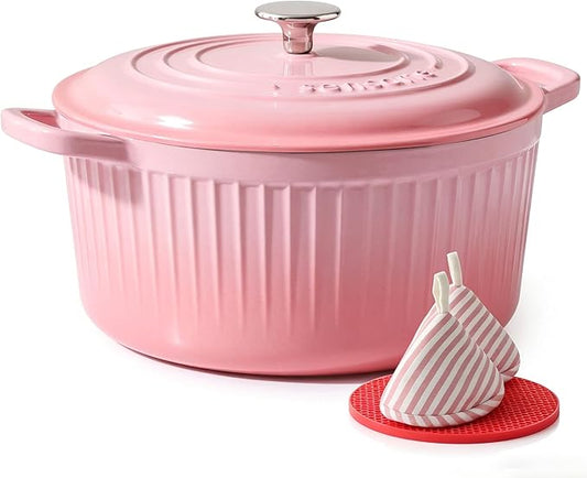 SENSARTE Enameled Cast Iron Dutch Oven Pot with Lid 3.5/5.5/6.5 Quart Heavy-Duty Round Dual Handles Kitchen Pot with Cotton Potholders & Silicone Trivet, Pot for Bread Baking, Stews, Braising, Roasting, Oven Safe, 5.5 Quart, Pink
