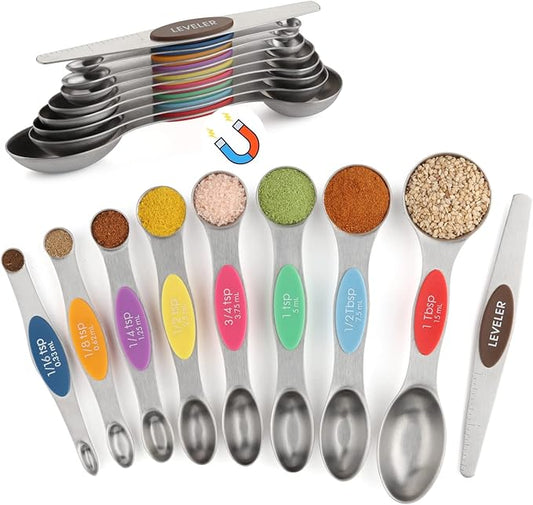 Magnetic Measuring Spoons Set of 9 Dual Sided Stainless Steel Measuring Spoons Stackable Nesting Tablespoon Teaspoon, Fits in Spice Jars, for Dry or Liquid Ingredients