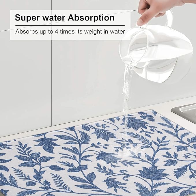 Blue Floral Print Dish Drying Mats for Kitchen Counter, Large 18"x24" Dish Mats for Drying Dishes, Microfiber Absorbent Dish Drying Pad Rack Mat Kitchen Decor Reusable Washable