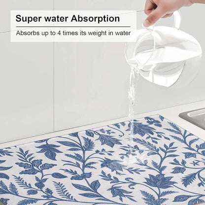 Blue Floral Print Dish Drying Mats for Kitchen Counter, Large 18"x24" Dish Mats for Drying Dishes, Microfiber Absorbent Dish Drying Pad Rack Mat Kitchen Decor Reusable Washable