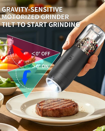 CIRCLE JOY Rechargeable Salt and Pepper Grinder Set, Gravity Sensor Electric Salt and Pepper Grinder Set with External Adjustment, 176ml Capacity and One-handed Operation, Black - Image 3