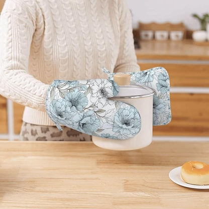 Oven Mitts and Pot Holders Set, Vintage Pastel Flower Peony Silicone Kitchen Accessories 4 Piece Heat Resistant Long Gloves Potholder Non-Slip Grip for Chef Cooking Baking Grilling BBQ