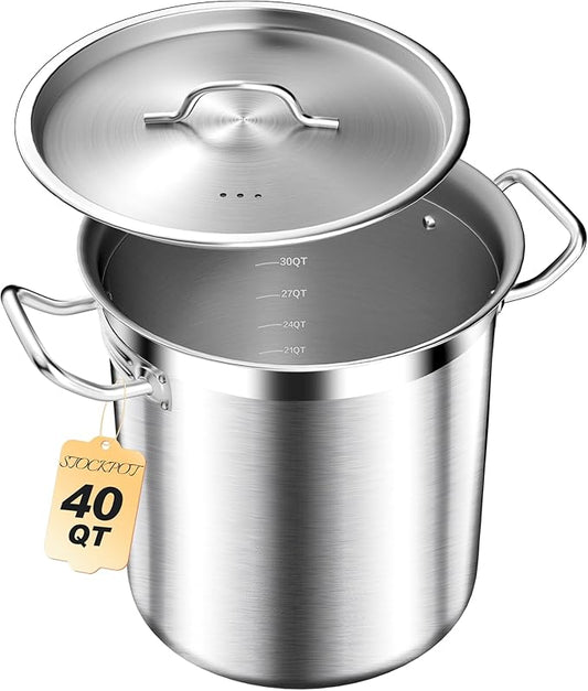 STOCKPOT Large Stock Pot with Lid – Professional Stainless Steel Stockpot 40 Quart – Heavy Duty Cooking Pot for Catering, Soup, and Seafood Boil – Compatible with Most Cooktops