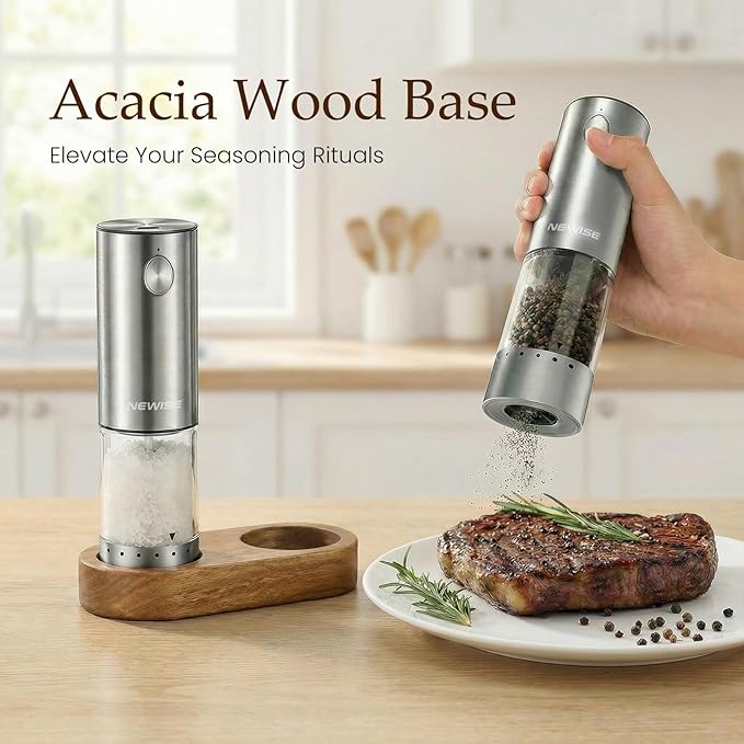Electric Salt and Pepper Grinder Set - Acacia Wood Base, Rechargeable & Automatic Pepper Mill with LED Lights, Adjustable Coarseness, 95ml Large Capacity, Kitchen Birthday Gifts for Women
