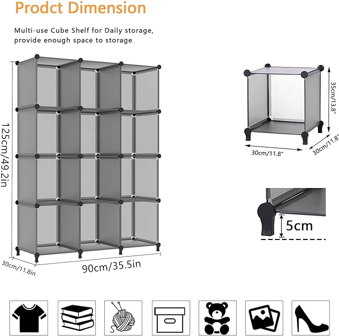 AWTATOS Cube Storage Organizer Closet Storage Cubes Shelves Bookshelf Clothes Organizer DIY Plastic 12 Cube Shelves for Home, Bedroom, Grey ULPZ022 - Image 3