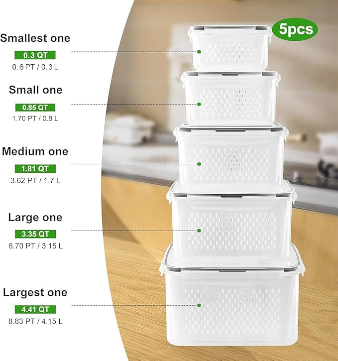 5 PCS Fruit storage Containers for Fridge with Removable Colander and Chopper Set, Leakproof Food Storage Containers with lids, Dishwasher & Microwave Safe Produce Containers to Keep Fruits Fresh ﻿ - Image 2
