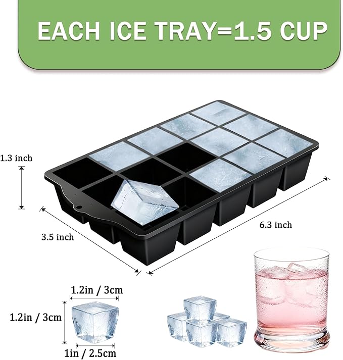Ice Cube Trays for Freezer, 2 Pack Easy Release Slicone Ice Cube Tray with Lid, BPA Free Stackable Flexible Ice Molds 15 Square Reusable Ice Cubes for Whiskey, Baby Food, Iced Coffee (Black) - Image 2
