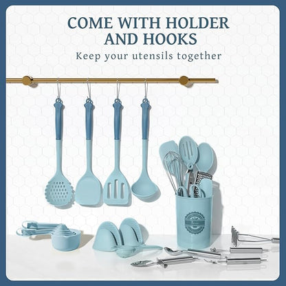 Kikcoin 43Pcs Large Kitchen Utensils Set - Silicone Cooking Utensils Set, Dishwasher Safe Spatula Set for Non-stick Cookware, 446°F Heat Resistant Kitchen Utensils Set with Holder BPA Free, Blue - Image 7