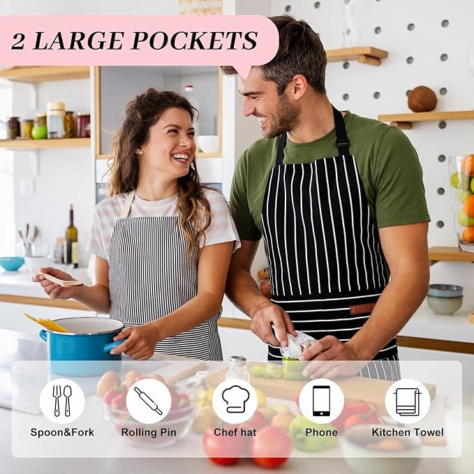 2Pack Adjustable Kitchen Apron for Women Men with 2 Pockets，Cotton-Polyester Blend Bib Aprons for Cooking,Baking - Image 4