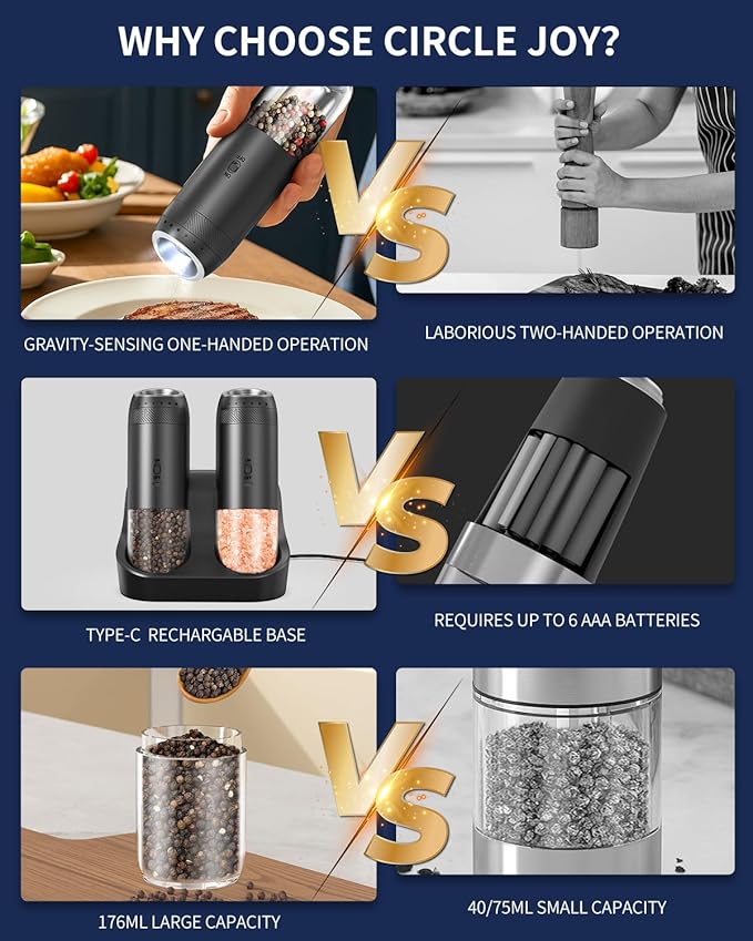 CIRCLE JOY Rechargeable Salt and Pepper Grinder Set, Gravity Sensor Electric Salt and Pepper Grinder Set with External Adjustment, 176ml Capacity and One-handed Operation, Black - Image 4